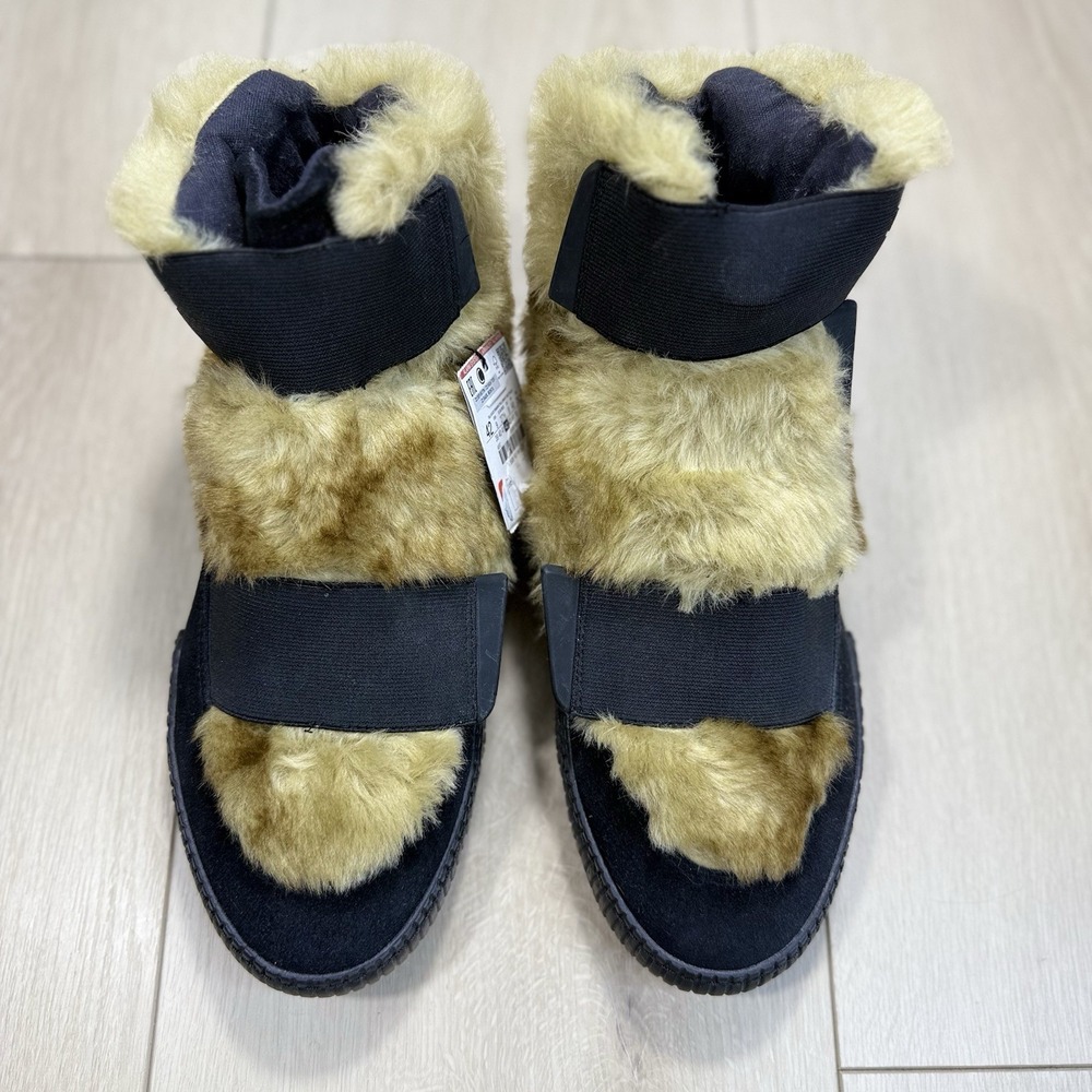 NEW ZARA Faux Fur Lined High Top Cozy Shoes Mens US 9 EU 42 Black Hook Slip On